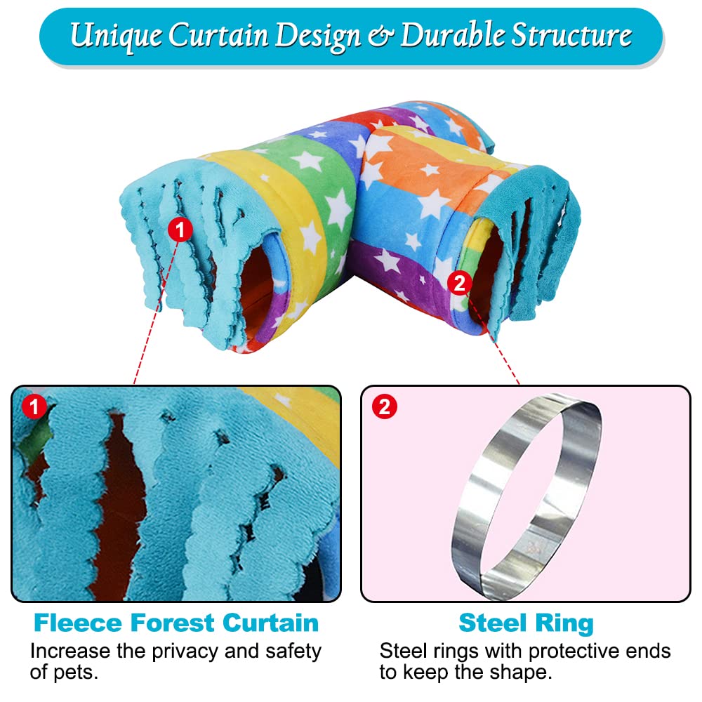 Guinea Pig Hideout Tunnel, Collapsible 3 Way Hamster Play Tubes with Fleece Forest Curtain