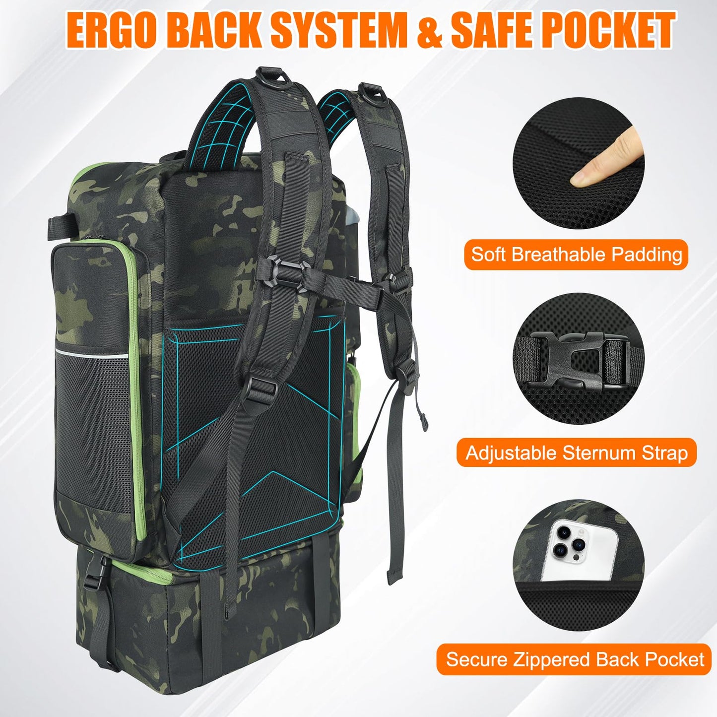 Fishing Backpack with Cooler, 45L Tackle Backpack with Rod Holders & Insulated Lunch Bag