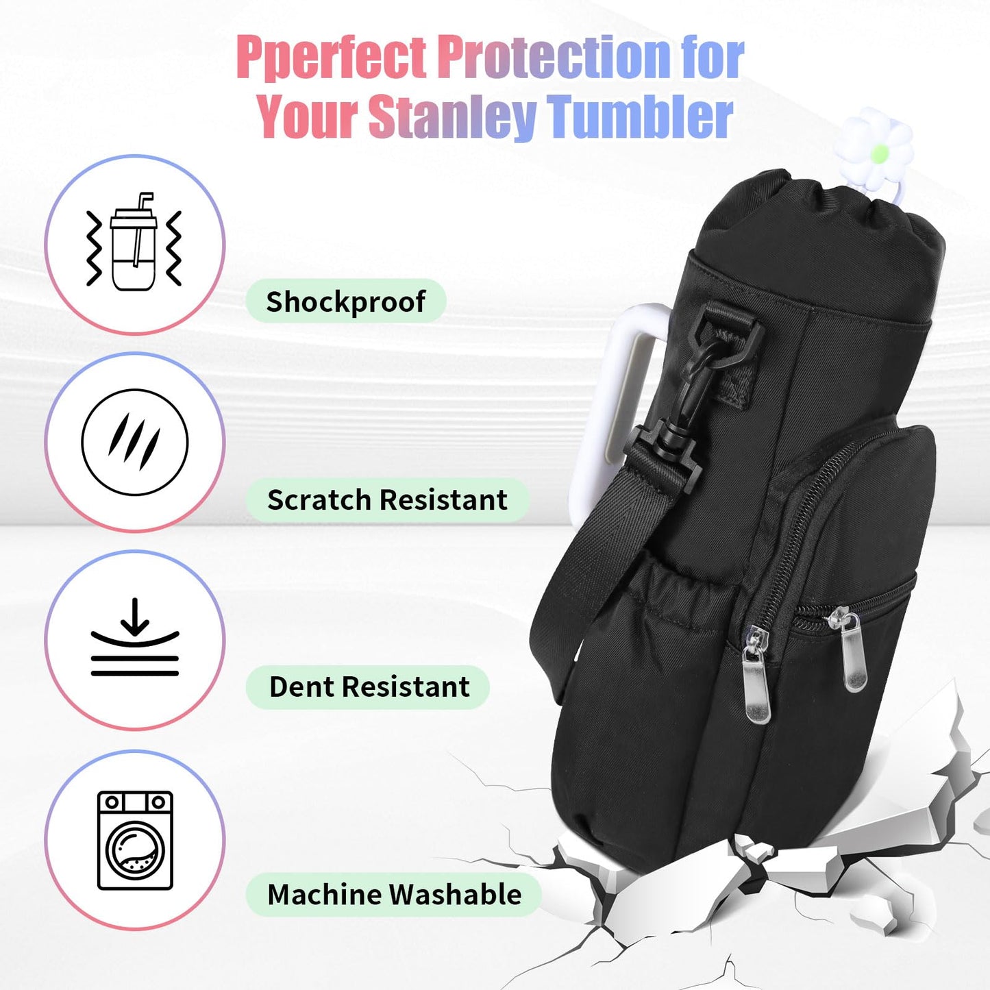 For Stanley Tumbler Cup 40oz Water Bottle Holder Carry Bag Travel Pouch w/ Strap