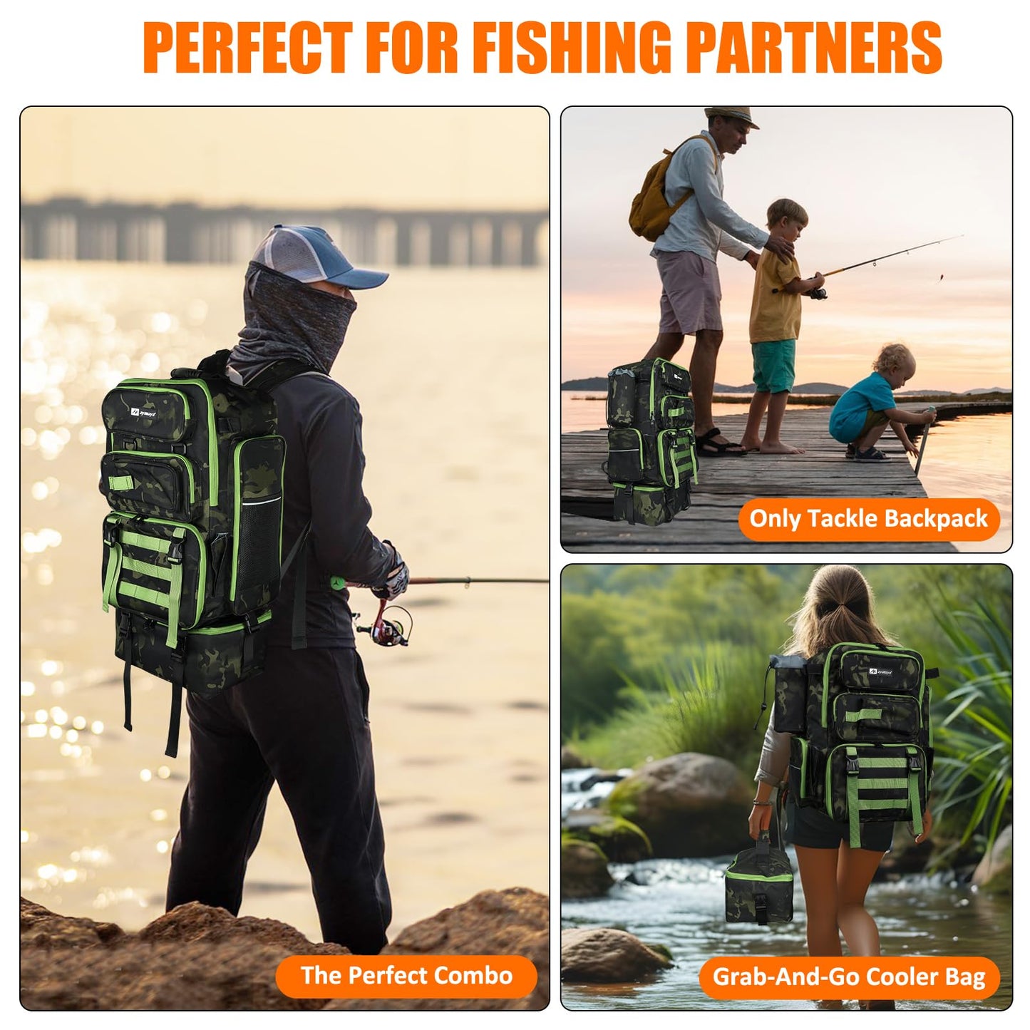 Fishing Backpack with Cooler, 45L Tackle Backpack with Rod Holders & Insulated Lunch Bag