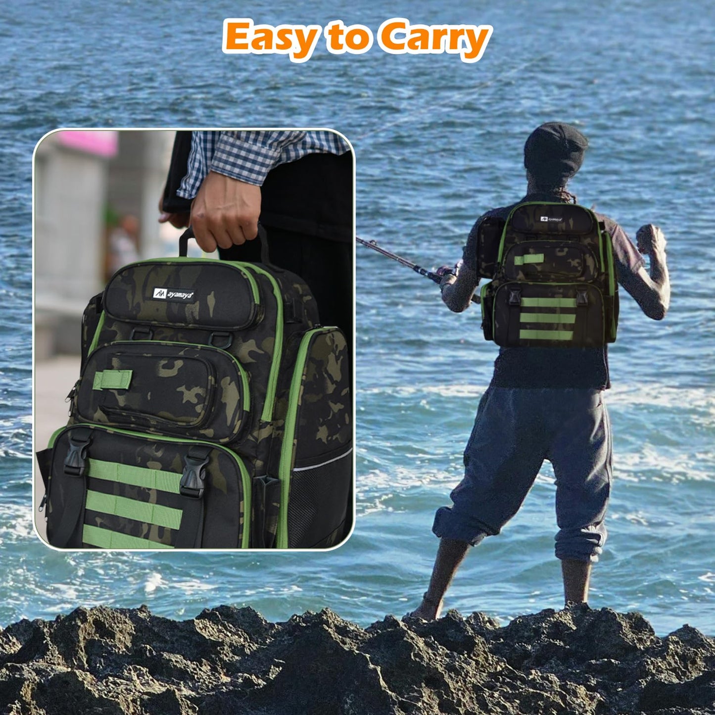 45L Fishing Backpack with 4 Tackle Boxes, Large Tackle Backpack with Rod Holders, Rubber Feet