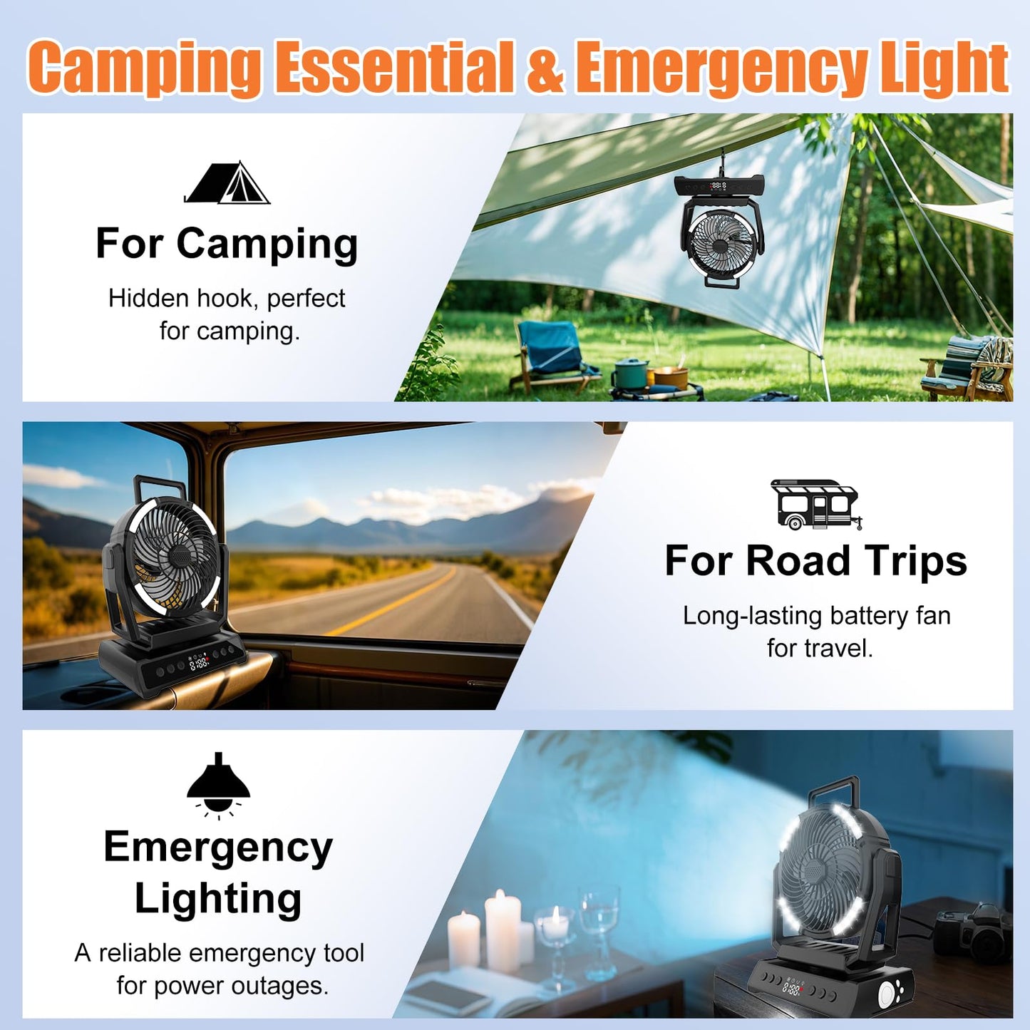 Camping Fan with Light, Rechargeable Tent Fan with Remote