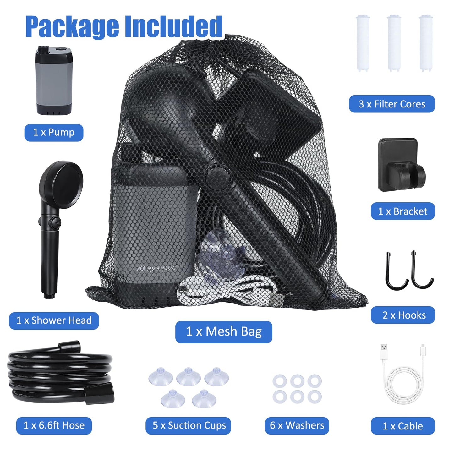 Portable Shower for Camping, 6000mAh Rechargeable Shower Pump with Filtered Shower Head