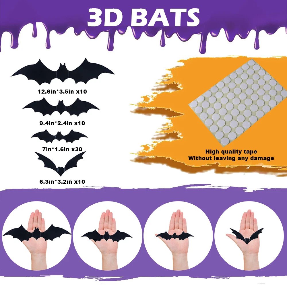 60pcs 3D Bat Wall Stickers 4 Sises for Halloween PVC Party Window Decoration