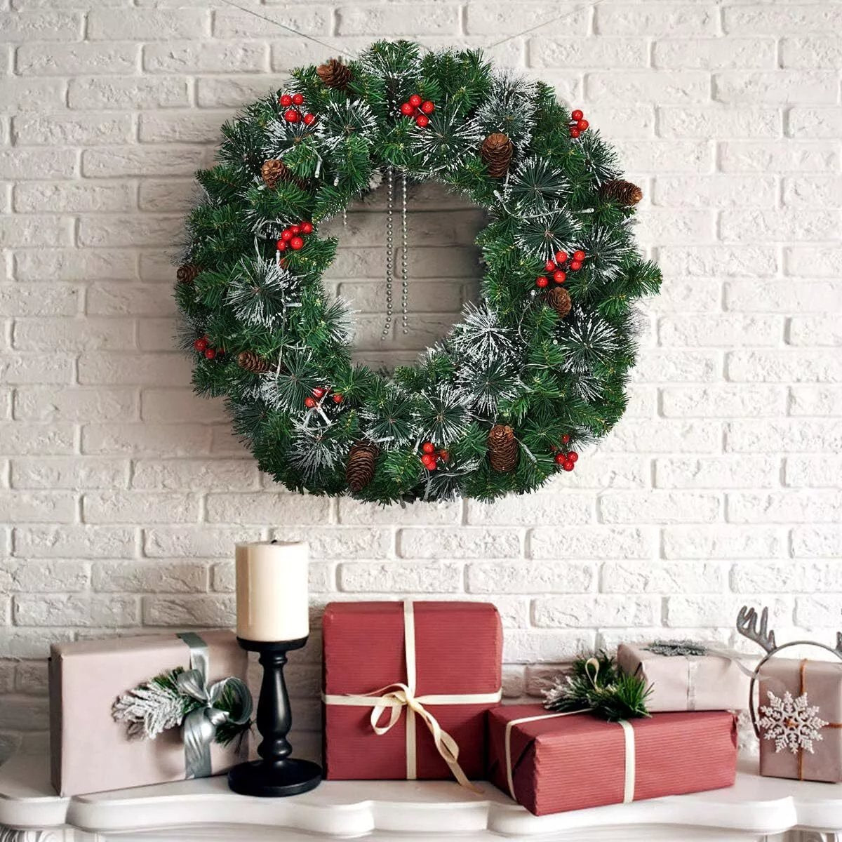 24in Pre-Lit Christmas Wreath Garland Decor for Home Front Door Wall Hanging