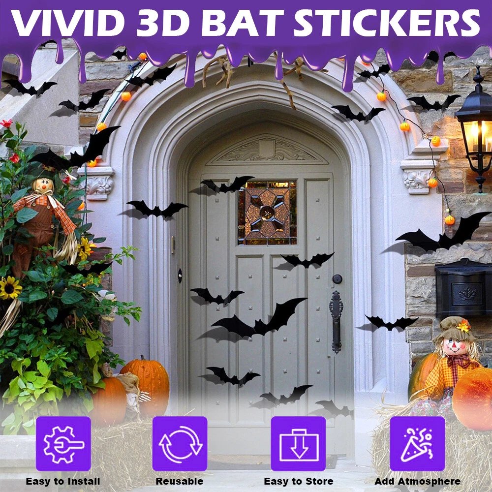 60pcs 3D Bat Wall Stickers 4 Sises for Halloween PVC Party Window Decoration