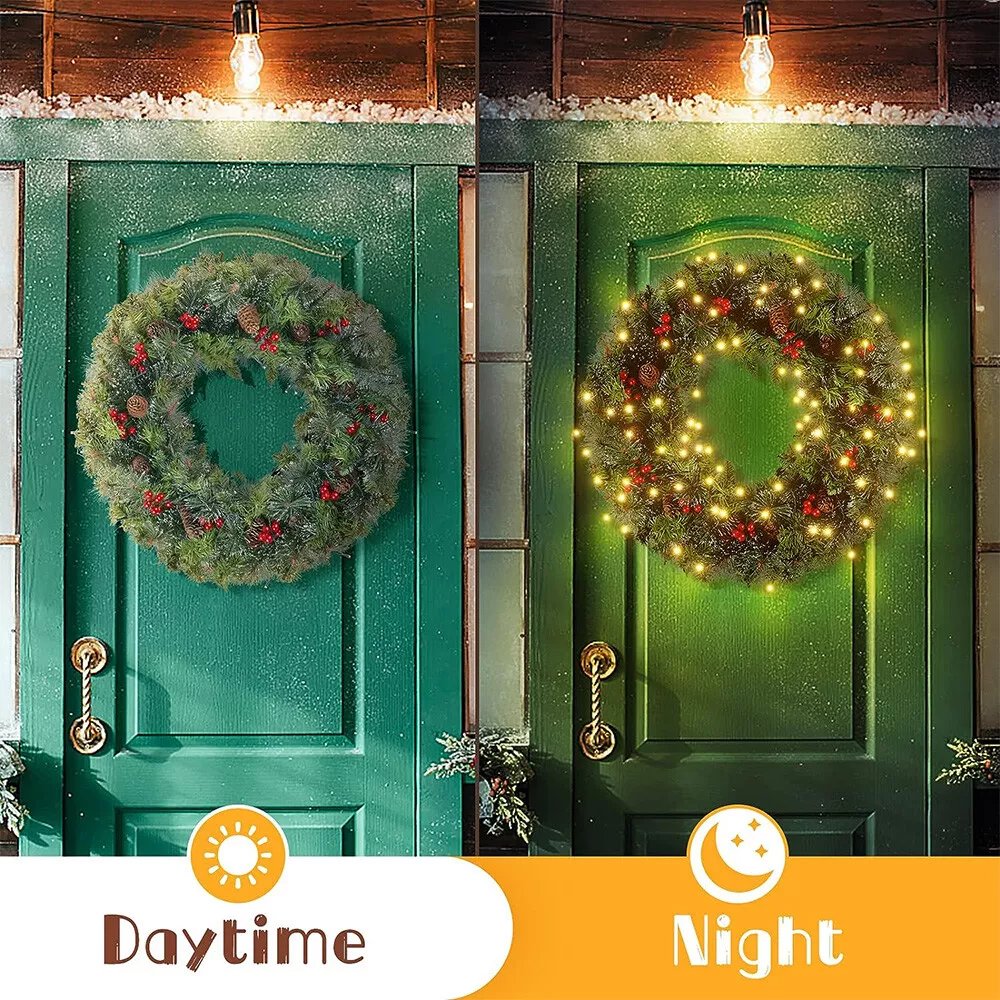 24in Pre-Lit Christmas Wreath Garland Decor for Home Front Door Wall Hanging