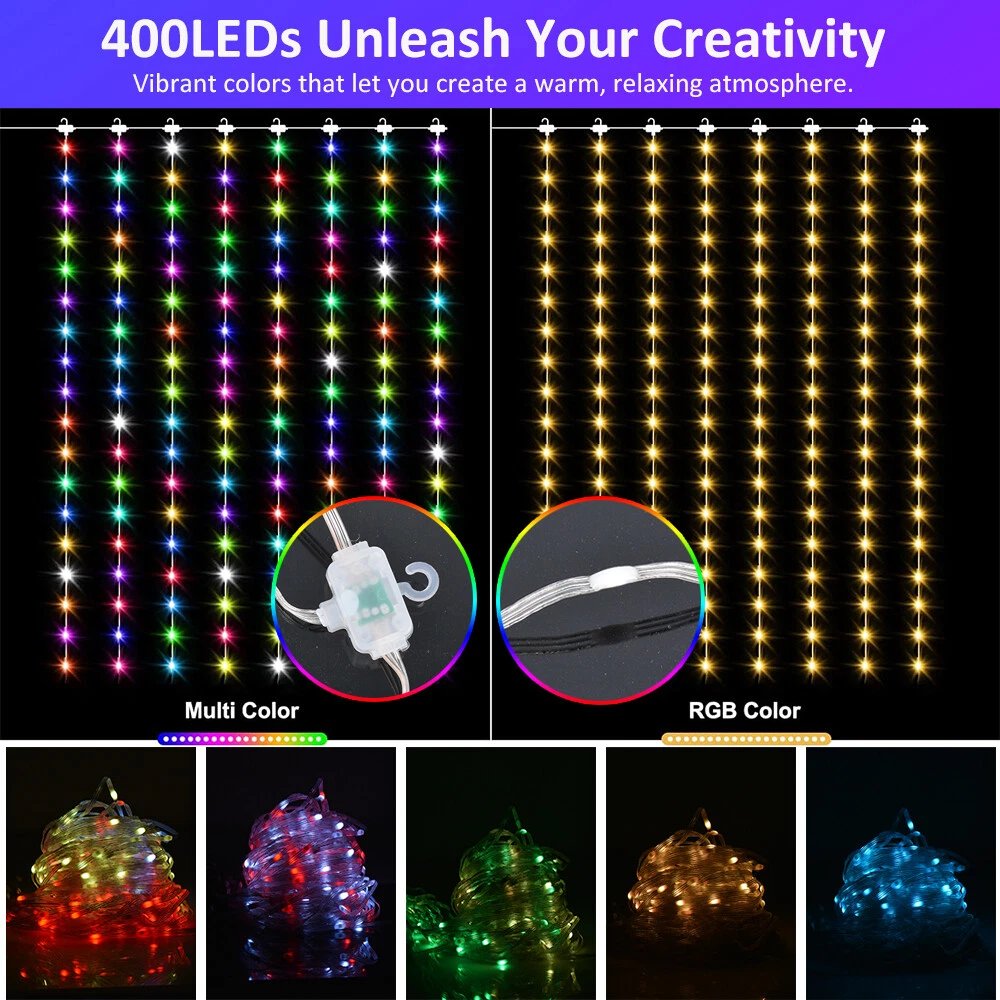 Smart 400LED Curtain String Lights Color Changing Dynamic DIY Backdrop Decor