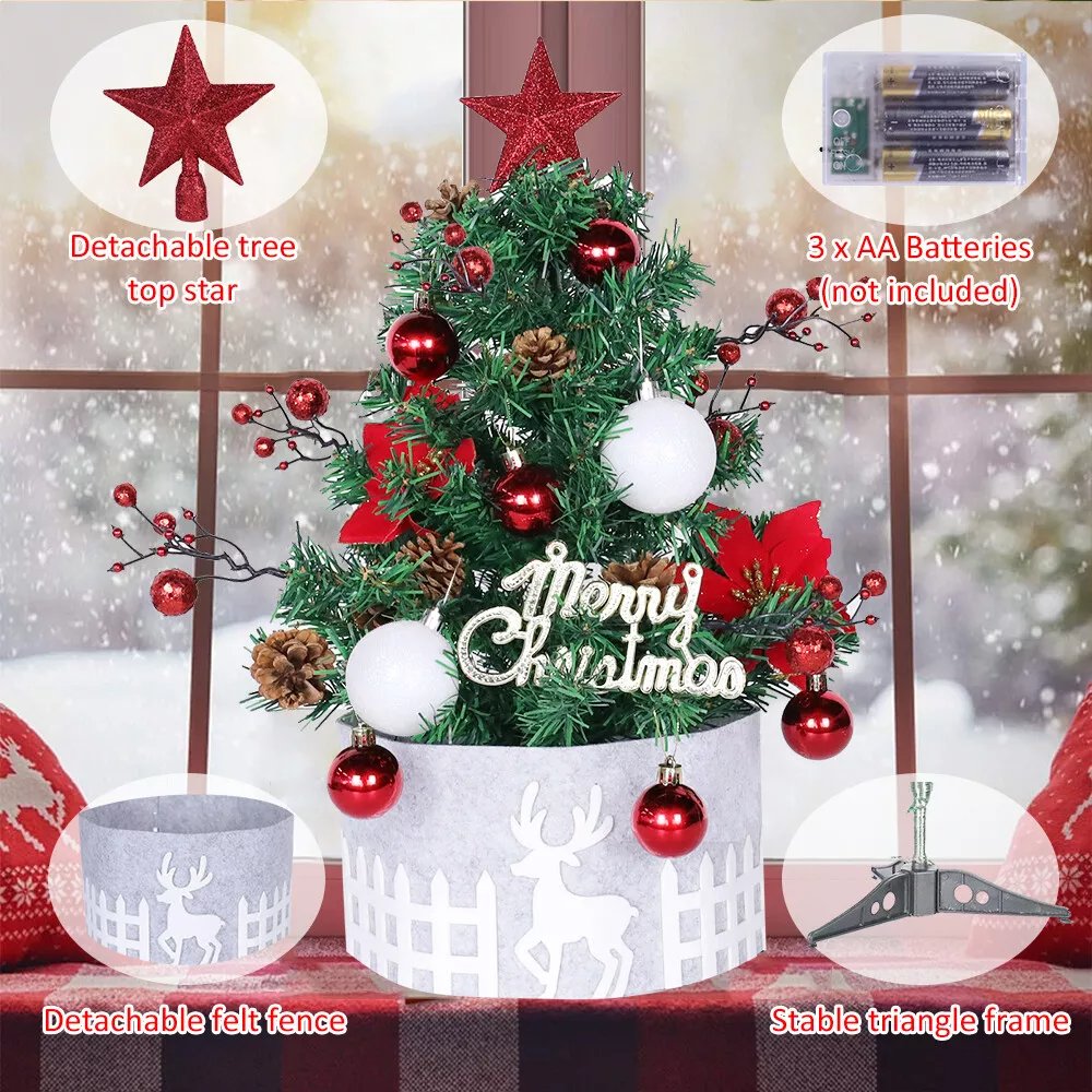 2ft Small Table Top Christmas Tree Mini Artificial Xmas With Lights & Ornaments
