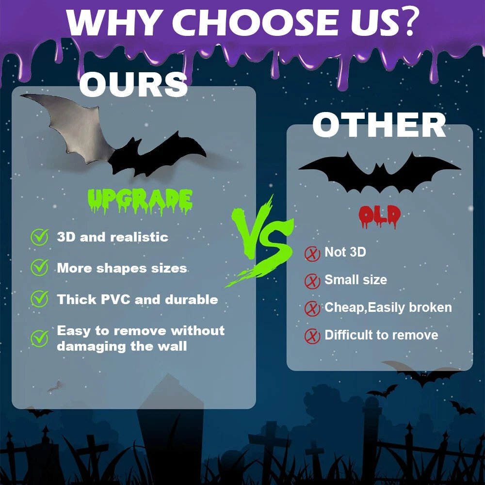 60pcs 3D Bat Wall Stickers 4 Sises for Halloween PVC Party Window Decoration