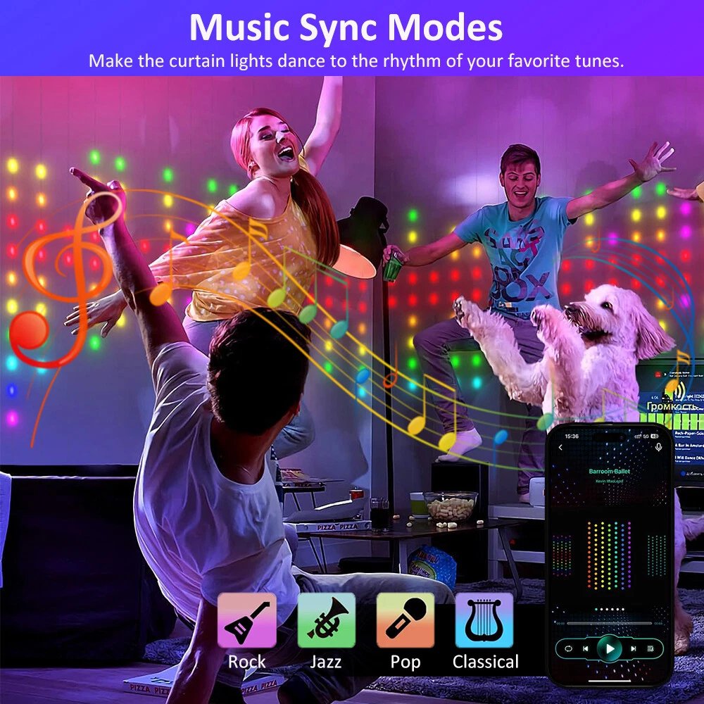 Smart 400LED Curtain String Lights Color Changing Dynamic DIY Backdrop Decor