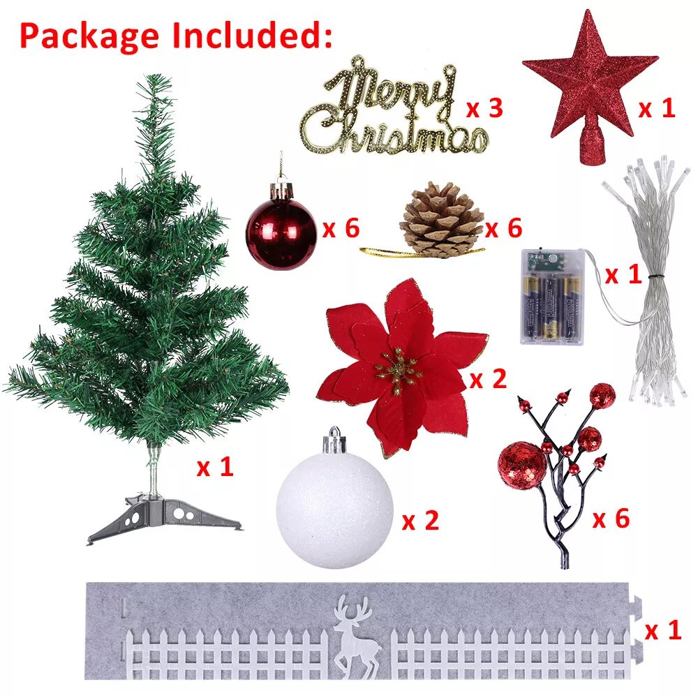 2ft Small Table Top Christmas Tree Mini Artificial Xmas With Lights & Ornaments