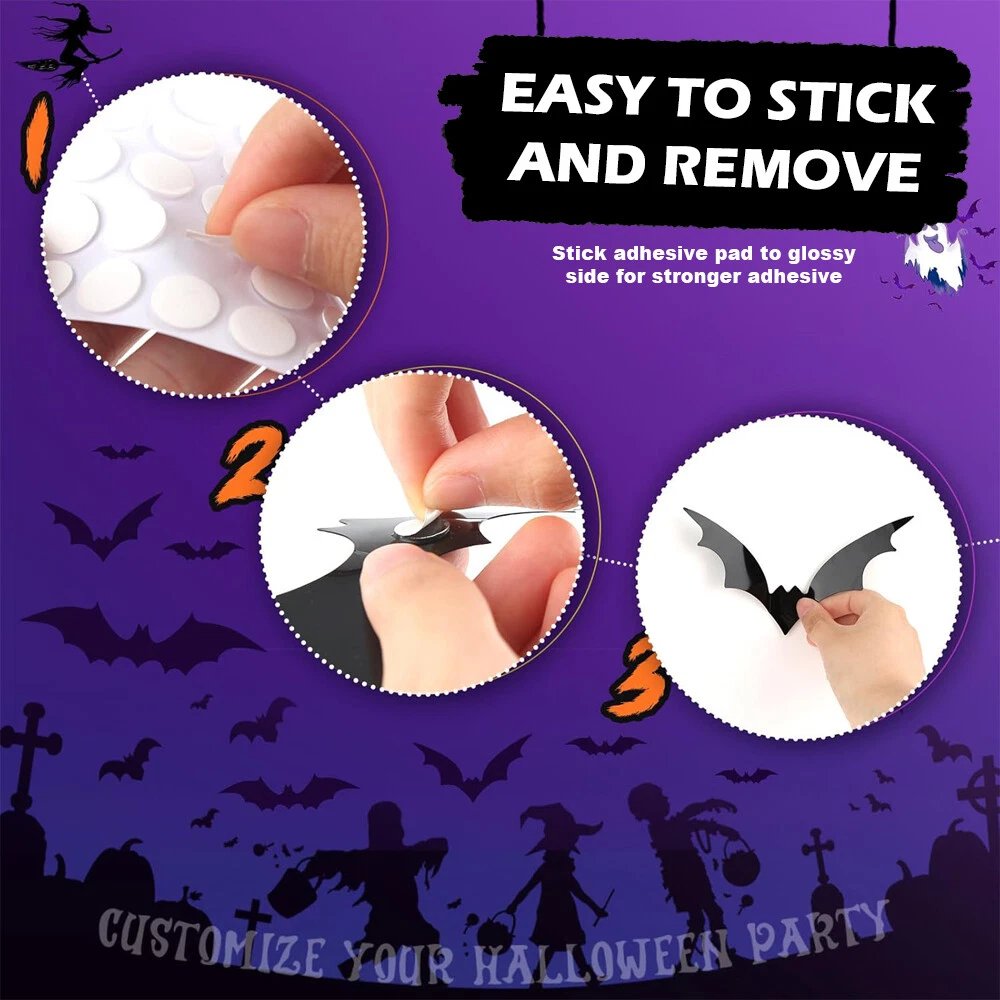 60pcs 3D Bat Wall Stickers 4 Sises for Halloween PVC Party Window Decoration