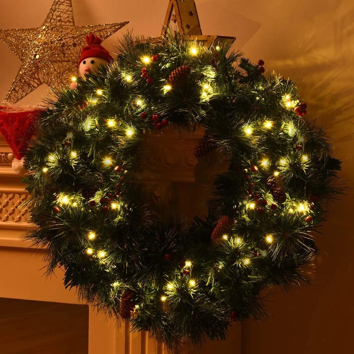 24in Pre-Lit Christmas Wreath Garland Decor for Home Front Door Wall Hanging
