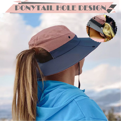 Women's Wide Brim Sun Hat with Ponytail Hole, Neck Flap UV Protection Bucket Cap