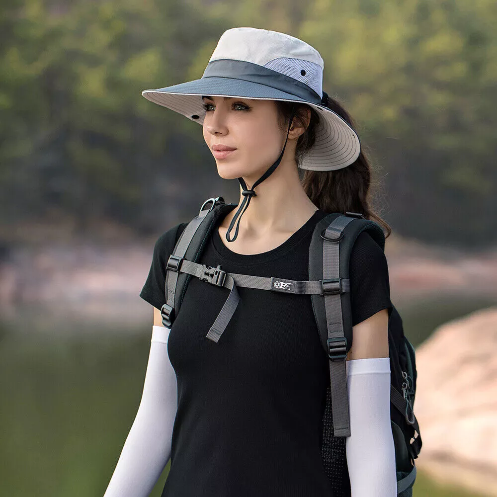 Women's Wide Brim Sun Hat with Ponytail Hole, Neck Flap UV Protection Bucket Cap
