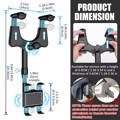 Car Rearview Mirror Phone Holder, 360° Rotating Rear View Mount for 3-7” Cellphones