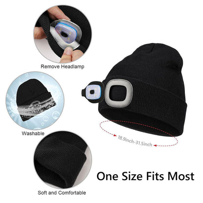 LED Beanie Hat Light Rechargeable Winter Warm Knitted Headlight Cap