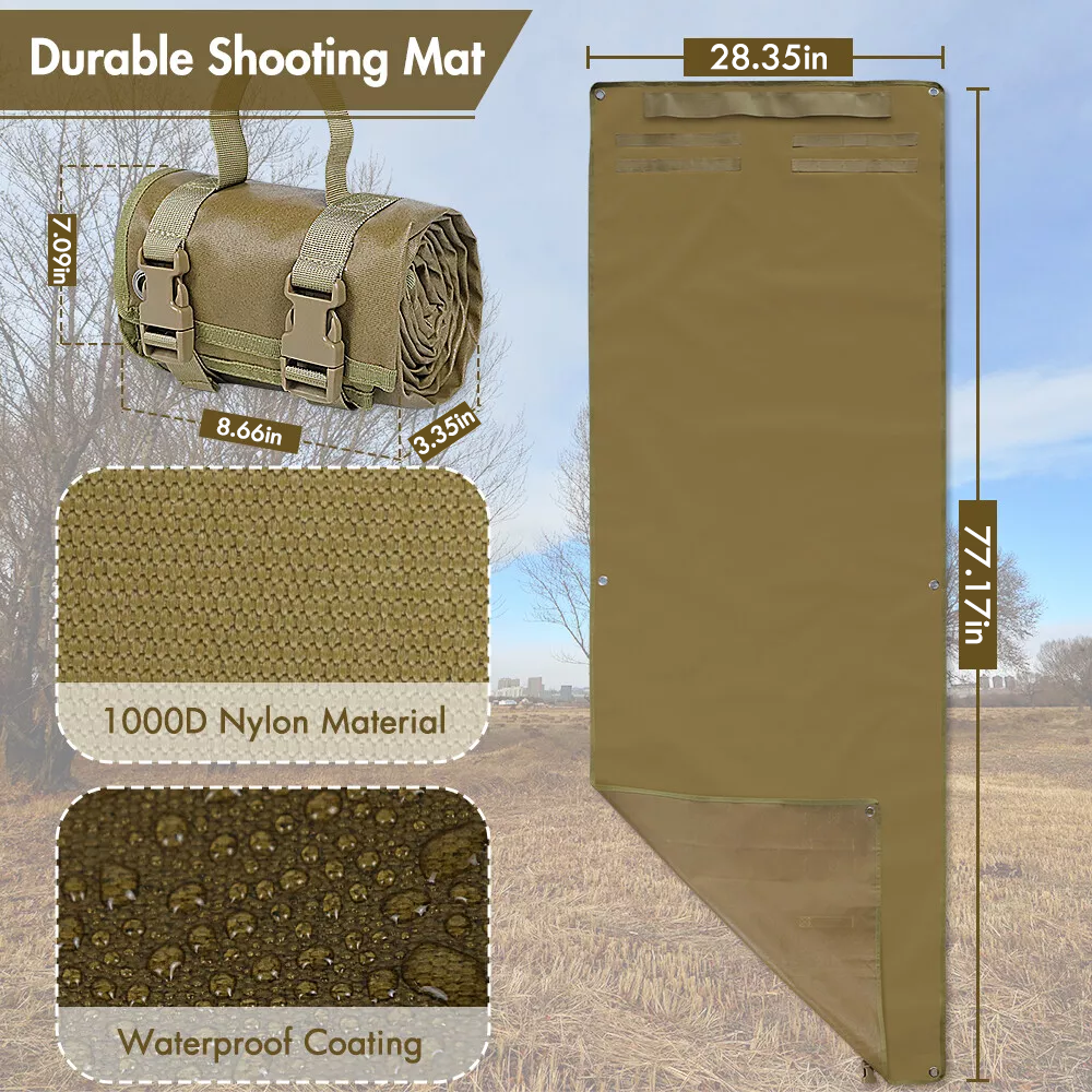 1000D Waterproof Shooting Mat, Non-Slip Tactical Roll-Up Hunting Blanket with Bipod Holder & Molle Webbings (Non-Padded)