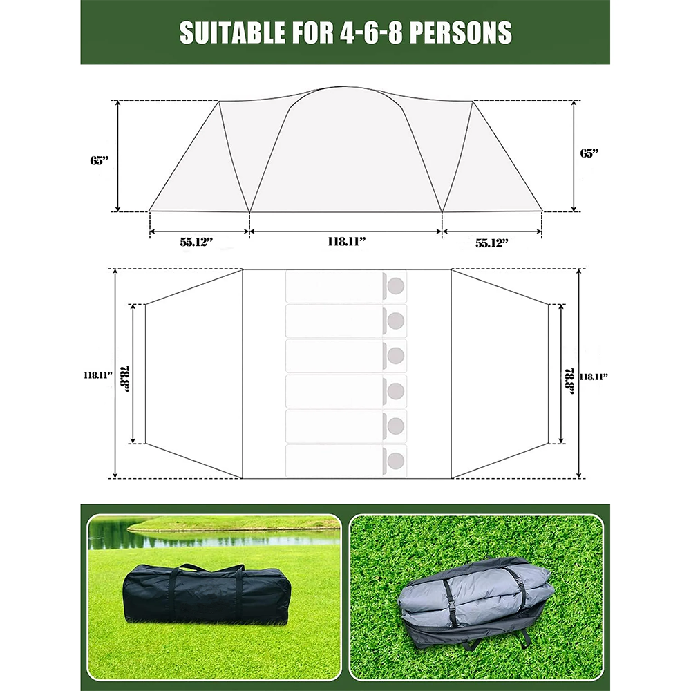 6-8 Person Camping Tent, 2 IN 1 Double Layer Design, Big Family Cabin Tent with 2 Porches, Waterproof