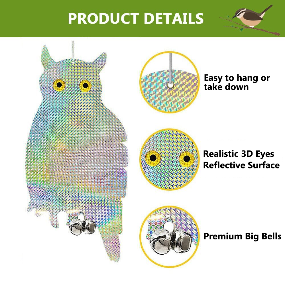 2 Pack Owl Decoy Scare, Hanging Reflective Fake Owl Woodpecker Bird Deterrent Control Device for Home & Garden