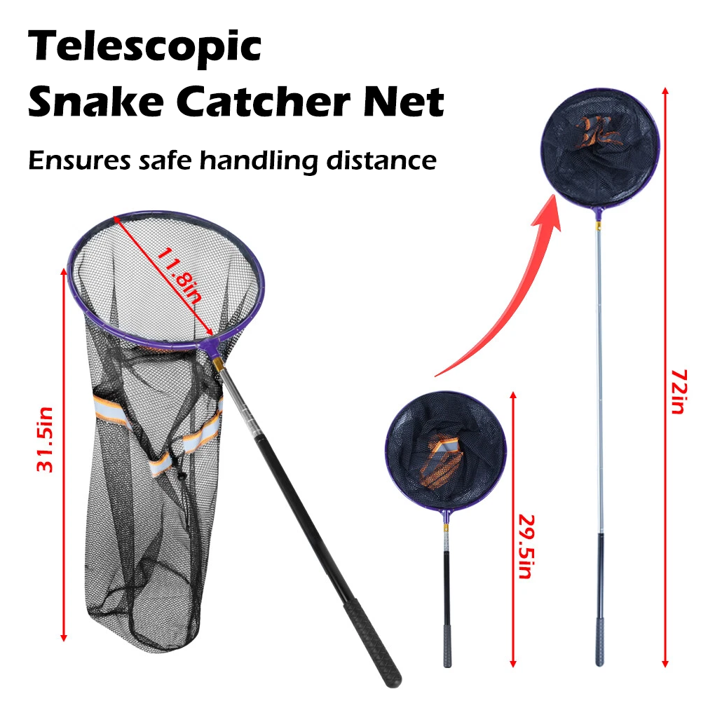 Snake Catcher Net, Retractable Reptile Handling Tool, Telescopic Pole, Strong Mesh, Rubber Handle