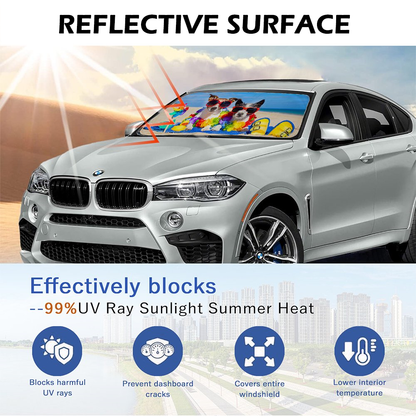 Foldable Car Sun Shade with Dog Printing, Windshield Sunshade, UV Ray & Heat Reduction