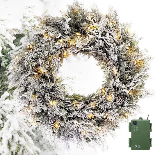 24in Pre-Lit Snow Flocked Christmas Wreath Garlands Artificial for Home Decor