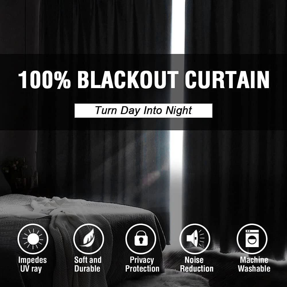 100% Blackout Window Curtain Panels, Sound & Full Light Blocking Drapes with Black Liner for Bedroom, 52" x 84" Thermal Insulated Draperies with Metal Grommets