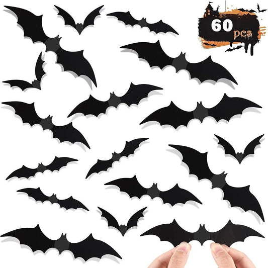 60pcs 3D Bat Wall Stickers 4 Sises for Halloween PVC Party Window Decoration