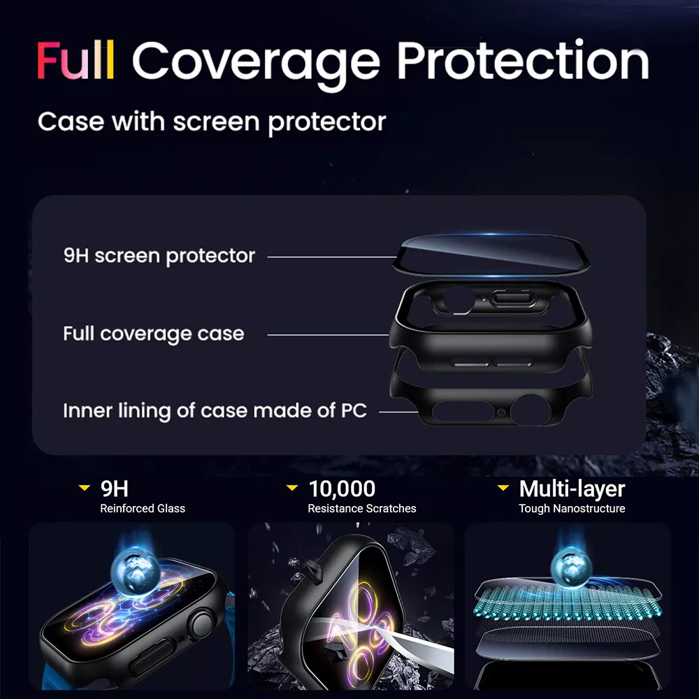 Screen Protector Case for Apple Watch Series 10 42mm 46mm Anti-Scratch Hard PC Cover with 9H Tempered Glass