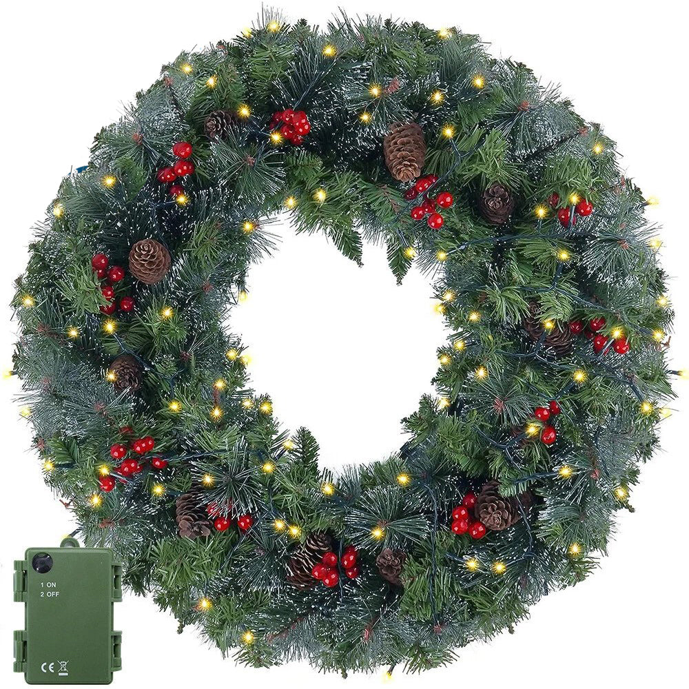 24in Pre-Lit Christmas Wreath Garland Decor for Home Front Door Wall Hanging