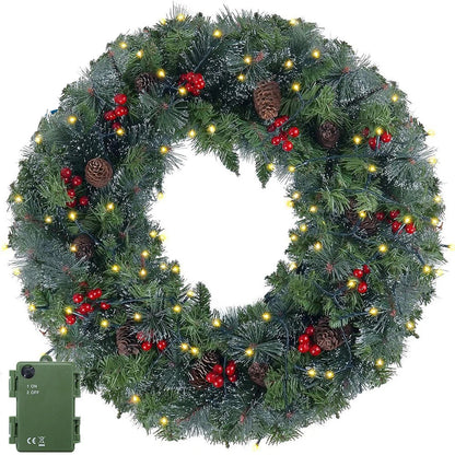 24in Pre-Lit Christmas Wreath Garland Decor for Home Front Door Wall Hanging