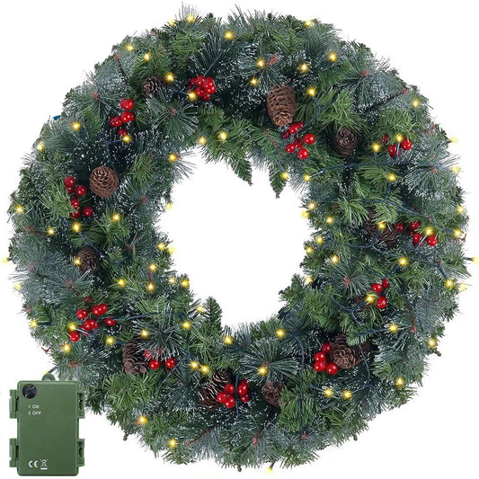 24in Pre-Lit Christmas Wreath Garland Decor for Home Front Door Wall Hanging