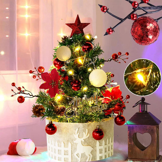 2ft Small Table Top Christmas Tree Mini Artificial Xmas With Lights & Ornaments