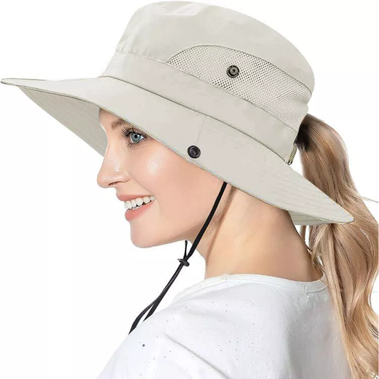 Women's Wide Brim Sun Hat with Ponytail Hole, Neck Flap UV Protection Bucket Cap