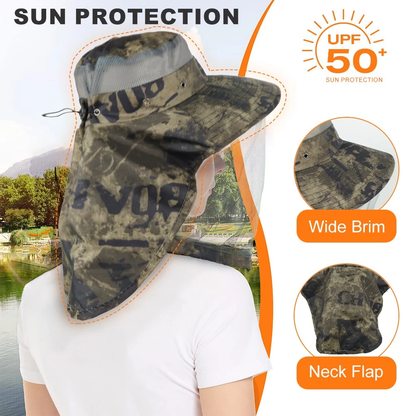 Wide Brim Mosquito Head Net Sun Hat with Neck Flap for Fishing Hiking Men Women