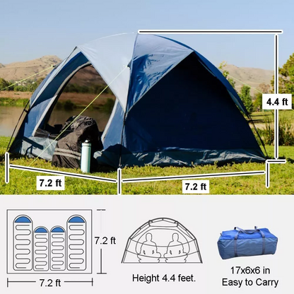 3-4 Person Tents for Camping, Outdoor Waterproof Dome Family Tent with Removable Rainfly, 2 Doors & Large Mesh Windows, Easy Setup