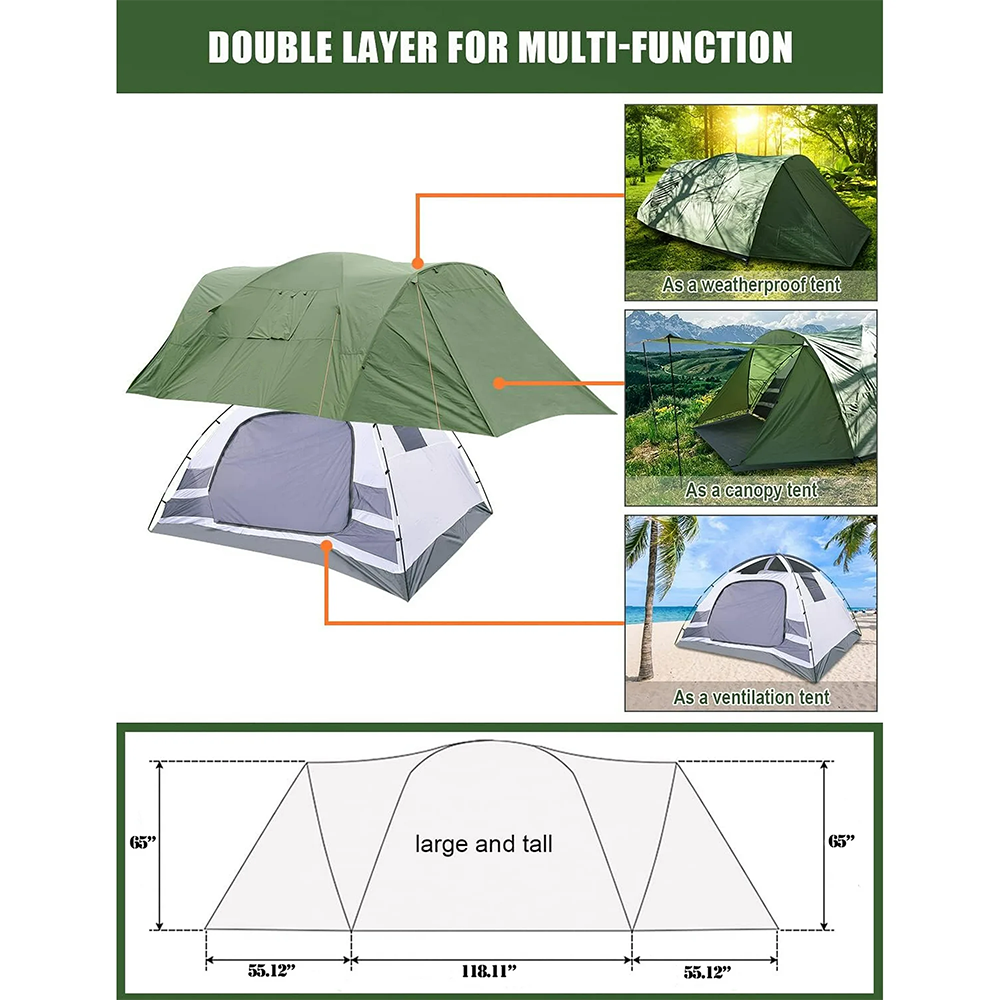 6-8 Person Camping Tent, 2 IN 1 Double Layer Design, Big Family Cabin Tent with 2 Porches, Waterproof