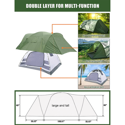 6-8 Person Camping Tent, 2 IN 1 Double Layer Design, Big Family Cabin Tent with 2 Porches, Waterproof