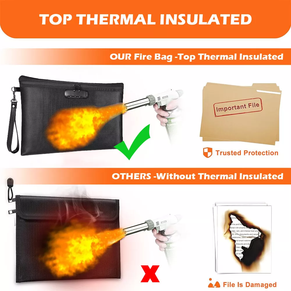 14" x 10" Fireproof Document Bag with Zipper & Lock, Waterproof Fire Safe Pouch for Cash, Passport, A4 Files
