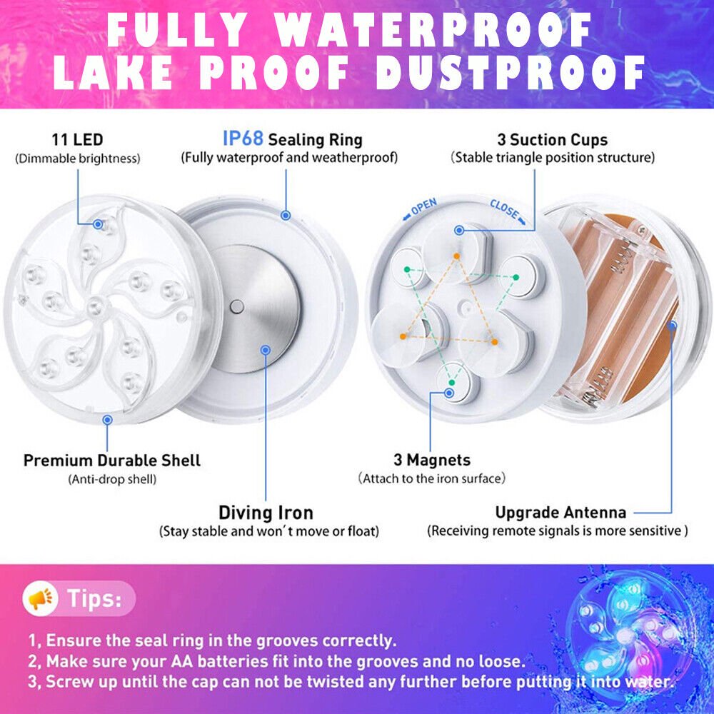 Set of 2 Pool Lights, IP68 Waterproof Magnetic Underwater Floating Lights with Remote Control, 16 Color Changing Swimming Pool Lights, Battery Operated