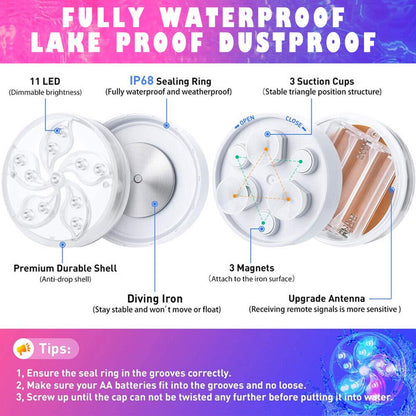 Set of 2 Pool Lights, IP68 Waterproof Magnetic Underwater Floating Lights with Remote Control, 16 Color Changing Swimming Pool Lights, Battery Operated