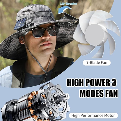Outdoor Wide Brim Sun Hat with 2 Solar Fan UV Protection Hiking Camping Fishing