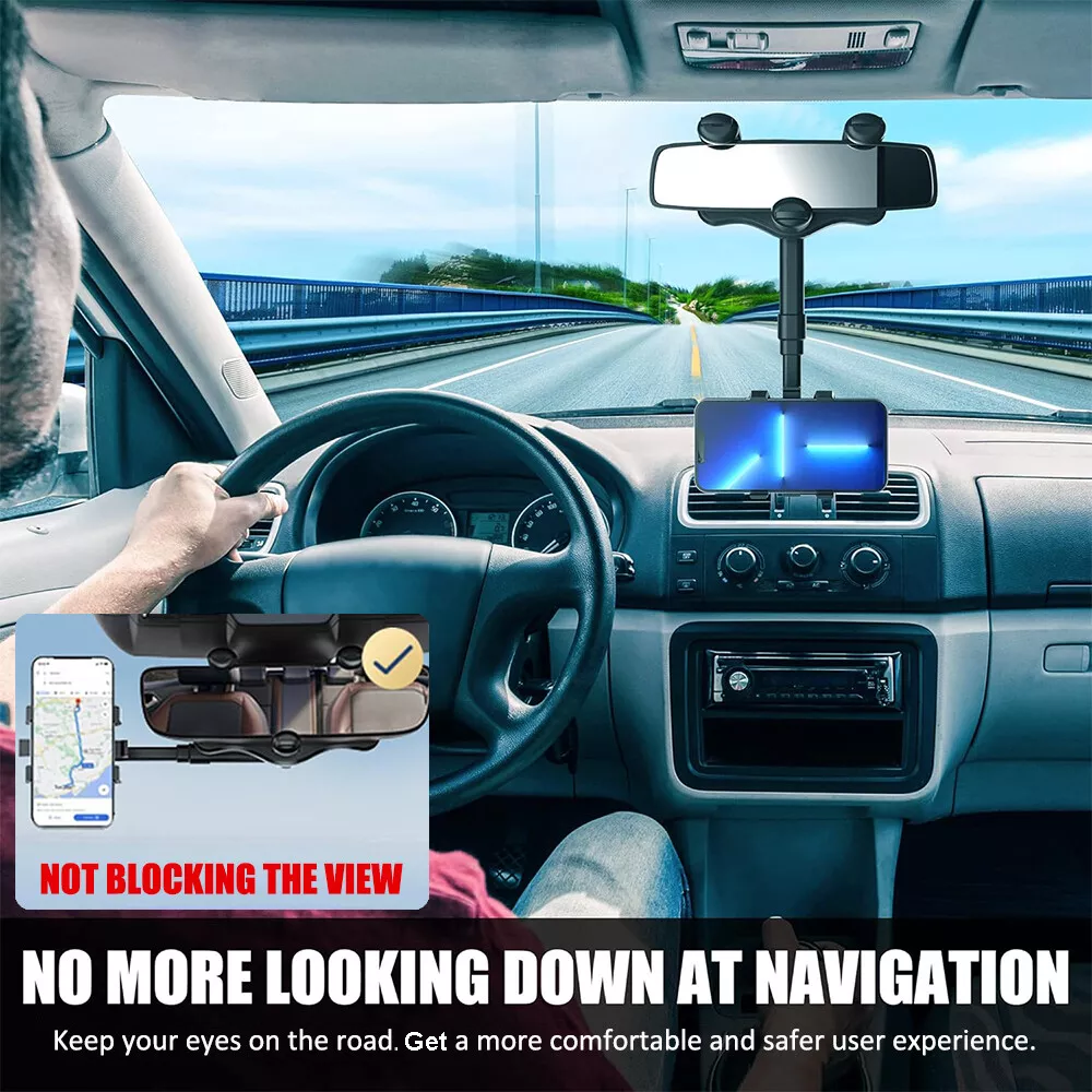 Car Rearview Mirror Phone Holder, 360° Rotating Rear View Mount for 3-7” Cellphones