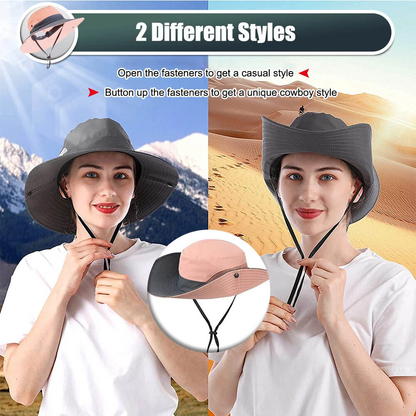 Women's Wide Brim Sun Hat with Ponytail Hole, Neck Flap UV Protection Bucket Cap