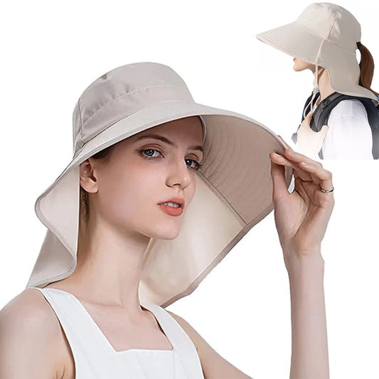 Women Sun Hat Summer Wide Brim Neck Flap Ponytail Hole UV Protection