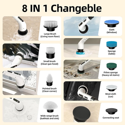 8-IN-1 Electric Spin Scrubber, Variable Speed Cordless Power Cleaning Brush, Rechargeable Cleaner, Adjustable Length, LED Indicator