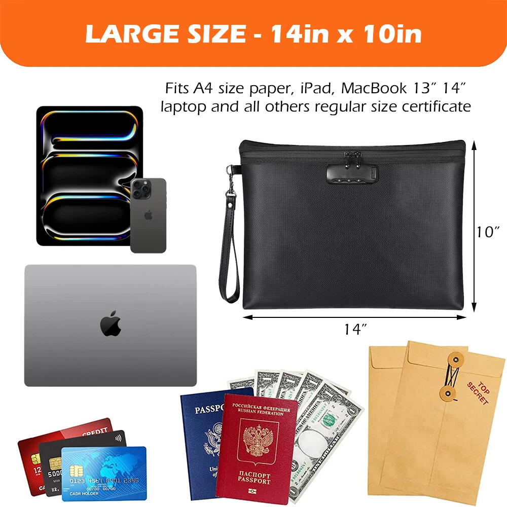 14" x 10" Fireproof Document Bag with Zipper & Lock, Waterproof Fire Safe Pouch for Cash, Passport, A4 Files