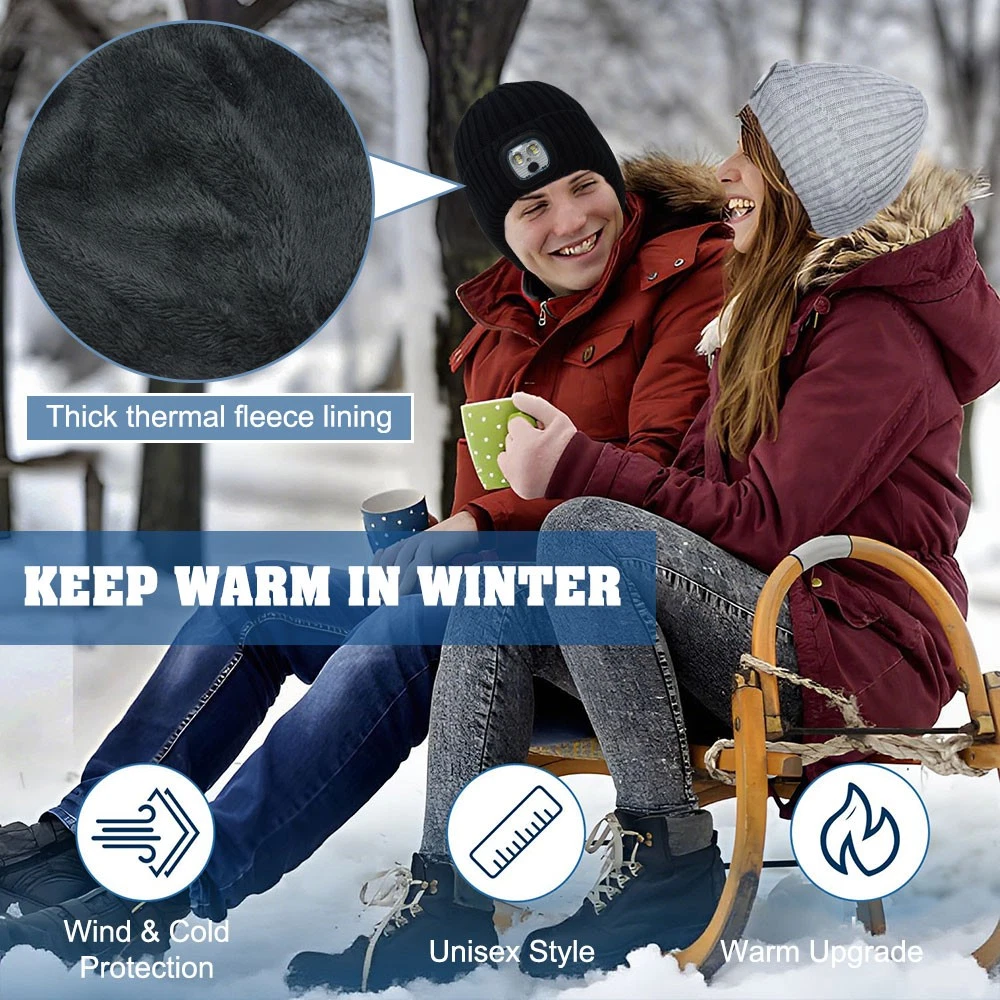 Warm Winter Knit Beanie Hat with LED Light USB Rechargeable Headlamp Cap